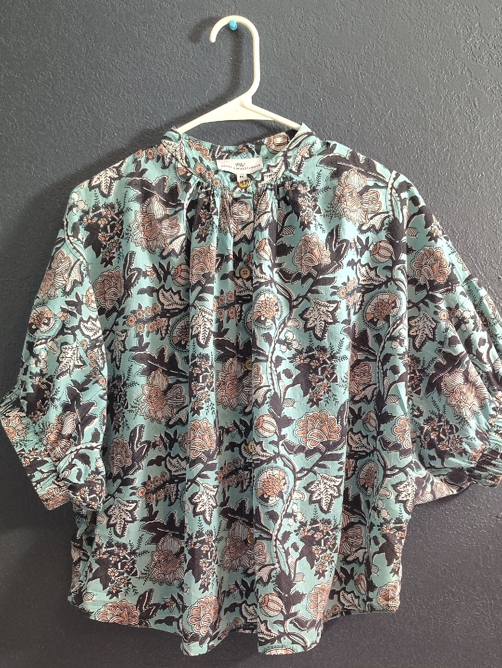 Never A Wallflower Boho Floral Button-Front Blouse in Seafoam and Brown